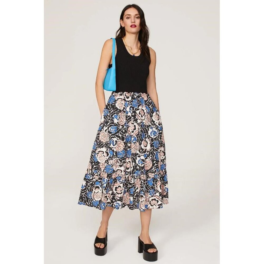 Tanya Taylor Black Top with Blue Floral Midi Dress